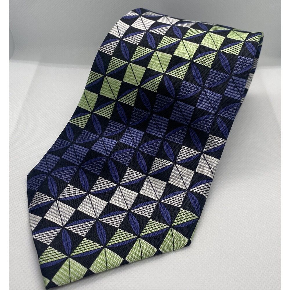 Carlos Devenezia Roma Barcelona 100% Silk Tie Green Blue Squares Men's Hand Made